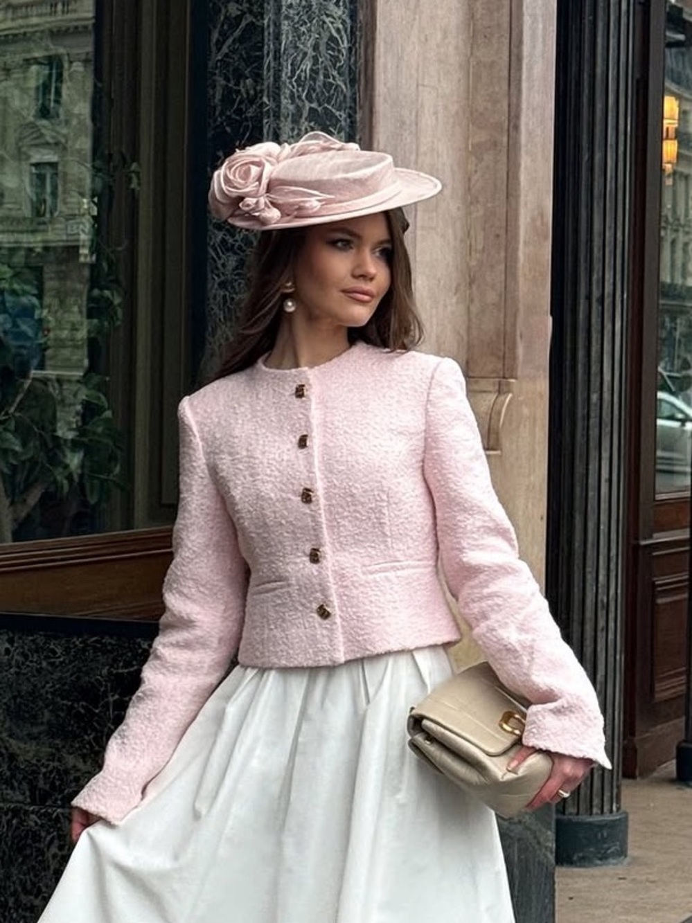 Meshki Pale Pink Bouclé Button Jacket with Gold Hardware - Picture 2 of 7